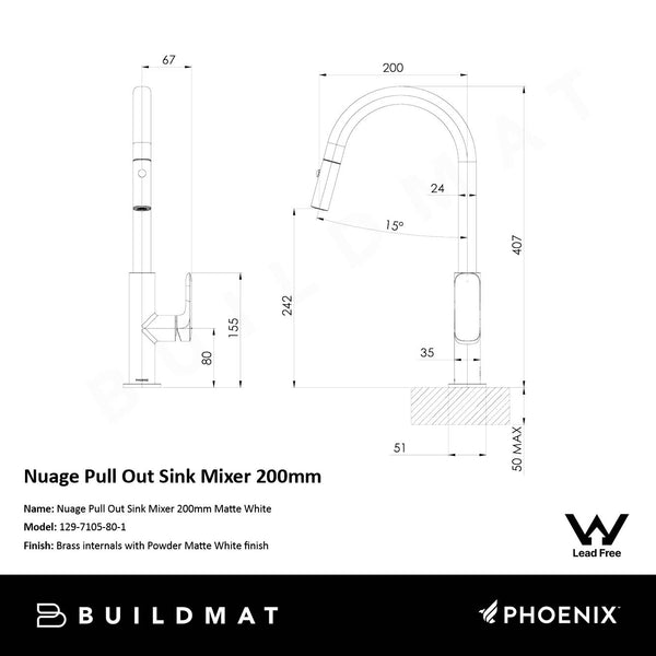 Phoenix Nuage Pull Out Sink Mixer 200mm Lead Free Matte White