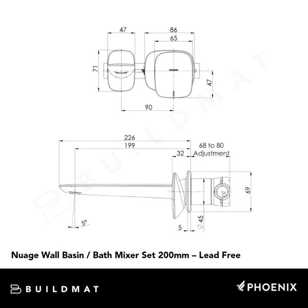 Phoenix Nuage Wall Basin / Bath Mixer Set 200mm Lead Free Brushed Nickel