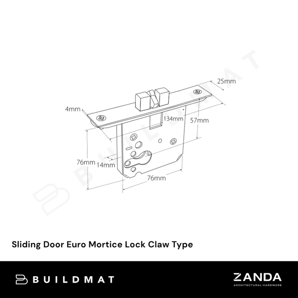 Zanda Sliding Door Euro Mortice Lock Claw Type Stainless Steel
