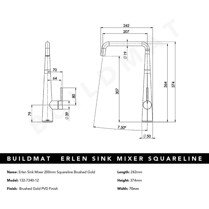 Erlen Brushed Gold Sink Mixer 200mm Squareline