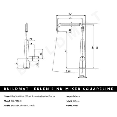 Erlen Brushed Carbon Sink Mixer 200mm Squareline