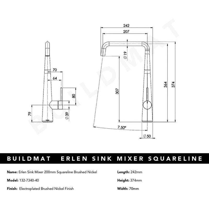 Erlen Brushed Nickel Sink Mixer 200mm Squareline