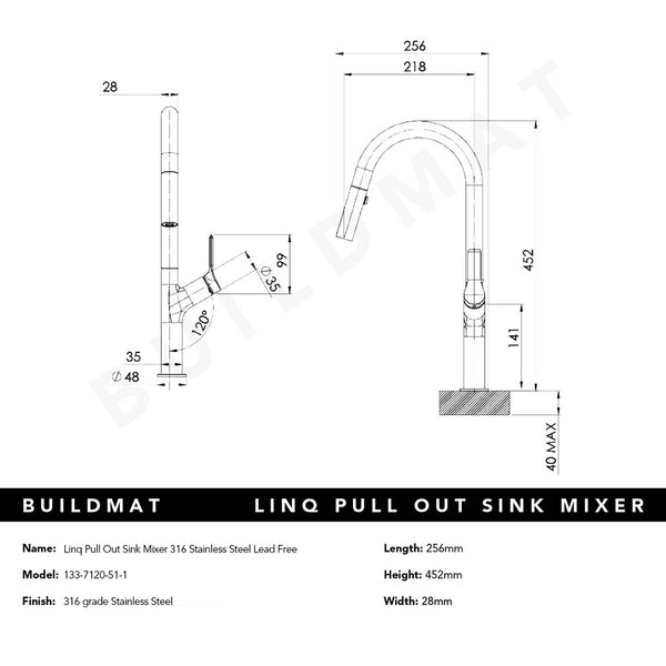 Phoenix Linq Pull Out Sink Mixer 316 Stainless Steel Lead Free