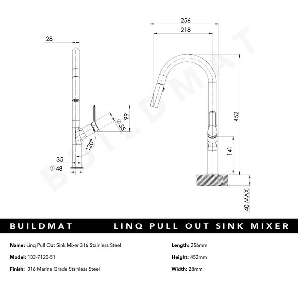 Phoenix Linq Pull Out Sink Mixer 316 Stainless Steel