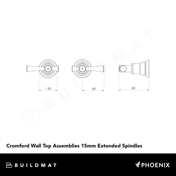 Phoenix Cromford Wall Top Assemblies 15mm Extended Spindles Lead Free Chrome