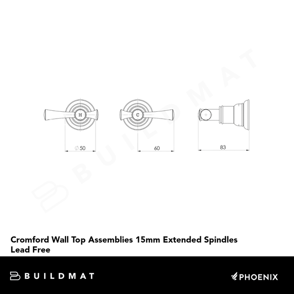 Phoenix Cromford Wall Top Assemblies 15mm Extended Spindles Lead Free Brushed Gold