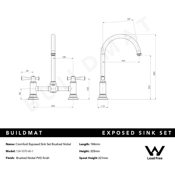 Phoenix Cromford Exposed Sink Set Lead Free Brushed Nickel
