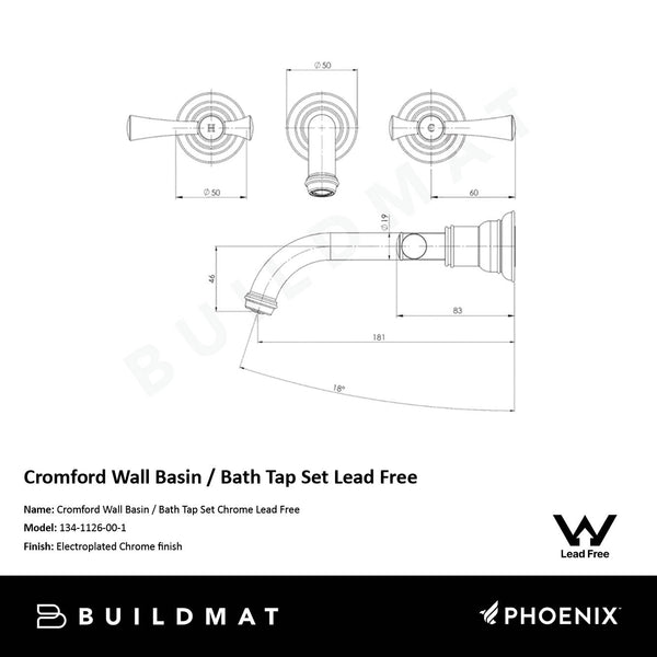 Phoenix Cromford Wall Basin / Bath Tap Set Chrome Lead Free