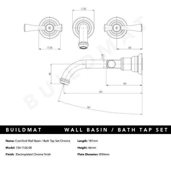 Phoenix Cromford Wall Basin / Bath Tap Set Chrome