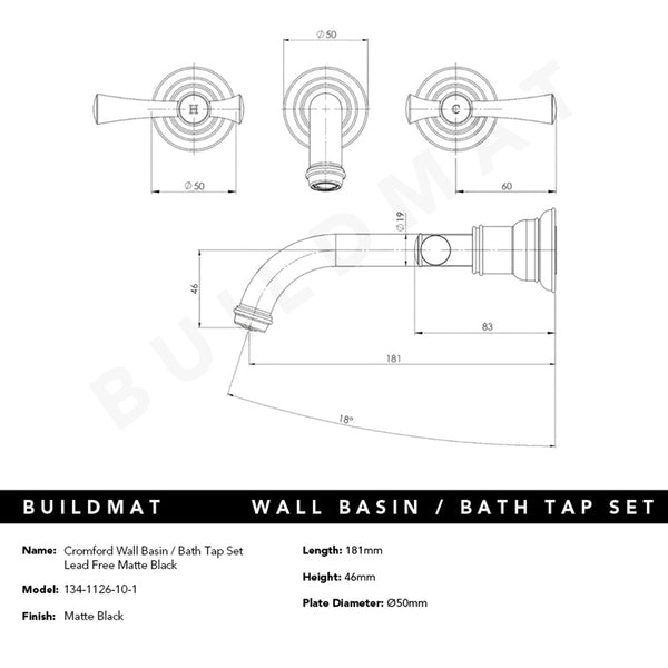 Phoenix Cromford Wall Basin / Bath Tap Set Lead Free Matte Black