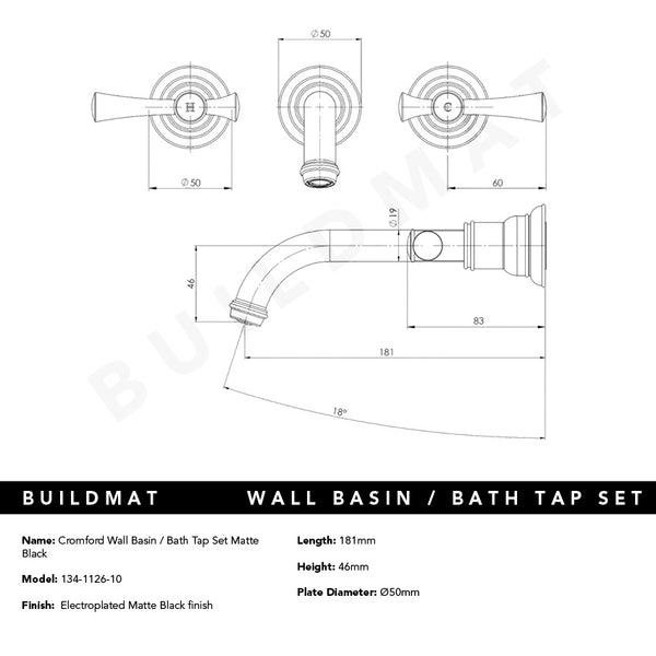 Phoenix Cromford Wall Basin / Bath Tap Set Matte Black