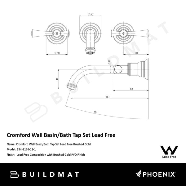 Phoenix Cromford Wall Basin / Bath Tap Set Lead Free Brushed Gold