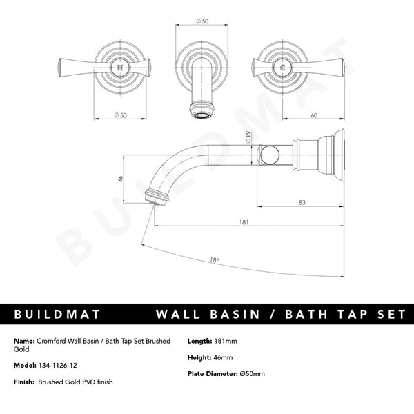 Phoenix Cromford Wall Basin / Bath Tap Set Brushed Gold