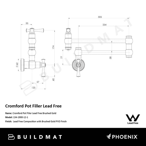 Phoenix Cromford Pot Filler Lead Free Brushed Gold