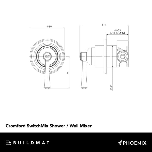 Phoenix Cromford SwitchMix Shower / Wall Mixer Brushed Nickel (Complete Kit) Lead Free