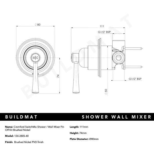 Phoenix Cromford SwitchMix Shower / Wall Mixer Fit-Off Kit Brushed Nickel