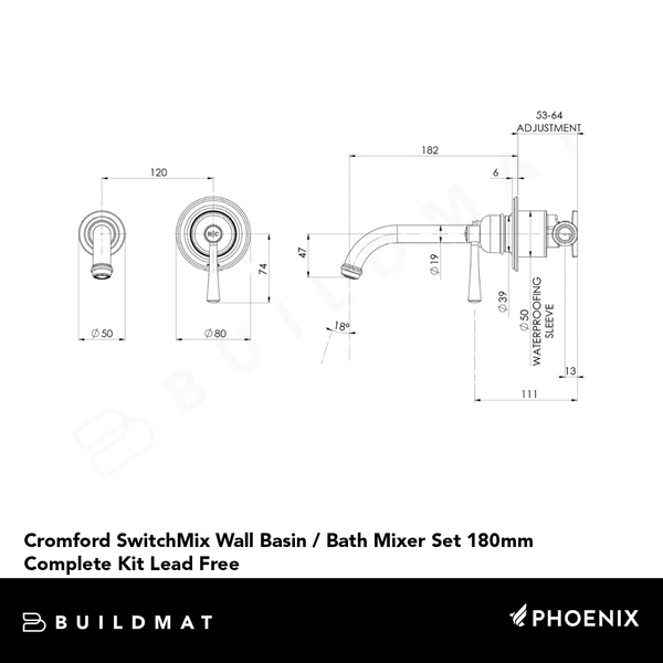 Phoenix Cromford SwitchMix Wall Basin / Bath Mixer Set 180mm (Complete Kit) Lead Free Brushed Nickel
