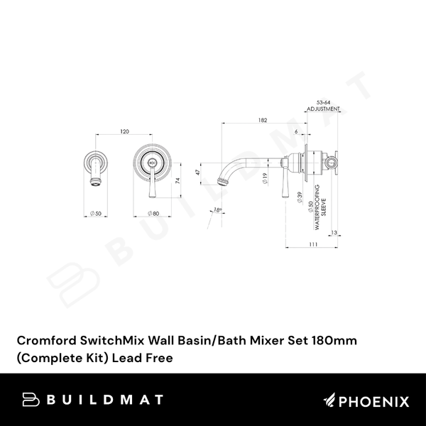Phoenix Cromford SwitchMix Wall Basin/Bath Mixer Set 180mm (Complete Kit) Matte Black Lead Free