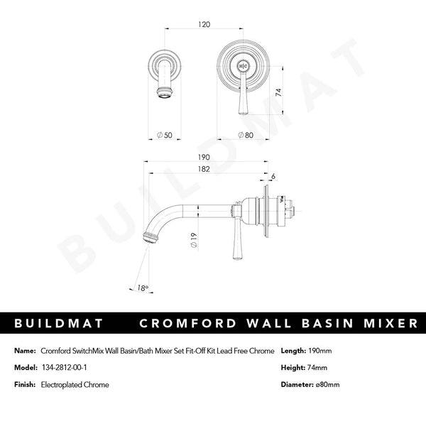Phoenix Cromford SwitchMix Wall Basin/Bath Mixer Set Fit-Off Kit Lead Free Chrome