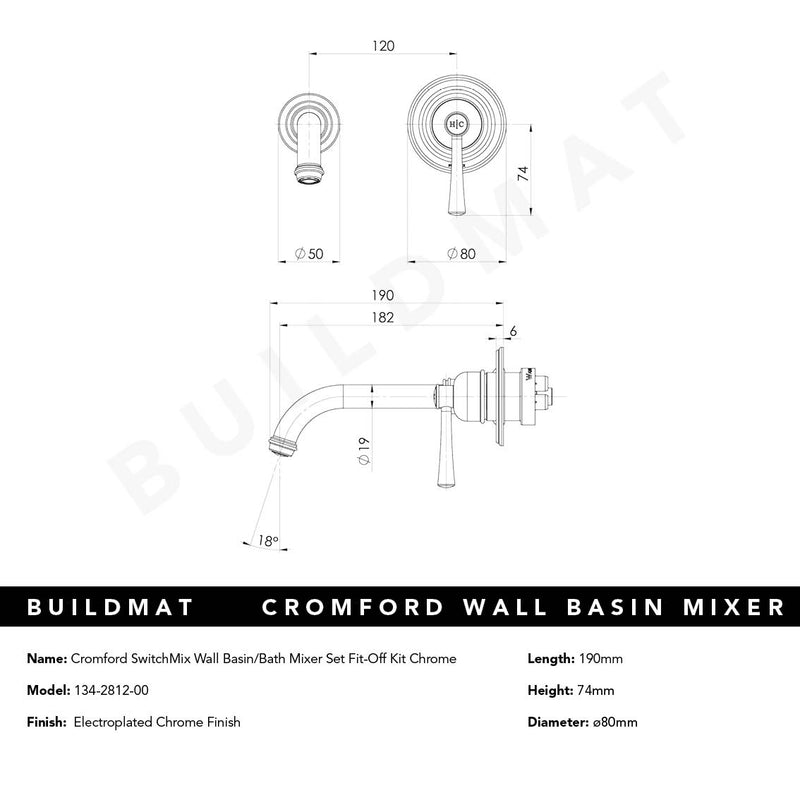 Cromford SwitchMix Wall Basin/Bath Mixer Set Fit-Off Kit Chrome