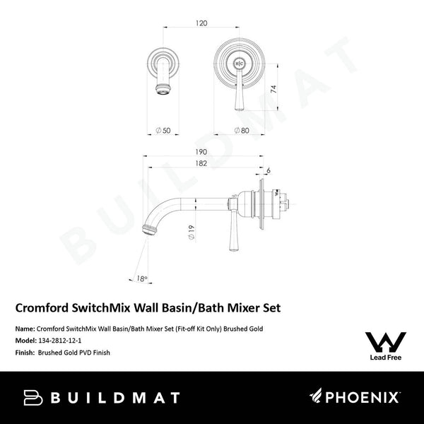 Phoenix Cromford SwitchMix Wall Basin/Bath Mixer Set (Fit-Off Kit Only) Brushed Gold Lead Free