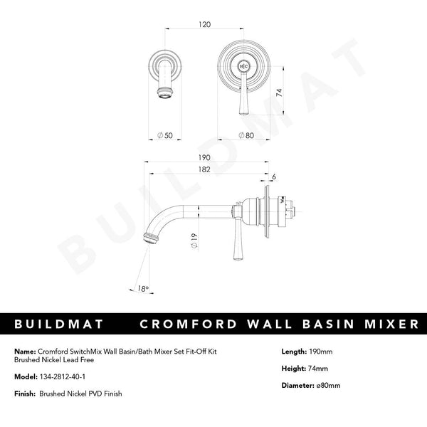 Phoenix Cromford SwitchMix Wall Basin/Bath Mixer Set (Fit-Off Kit Only) Brushed Nickel Lead Free