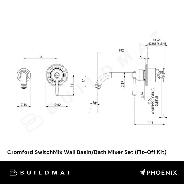 Phoenix Cromford SwitchMix Wall Basin/Bath Mixer Set (Fit-Off Kit) Matte Black Lead Free