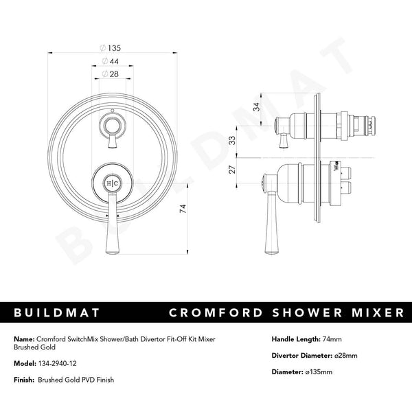 Phoenix Cromford SwitchMix Shower/Bath Divertor Mixer Fit-Off Kit Brushed Gold