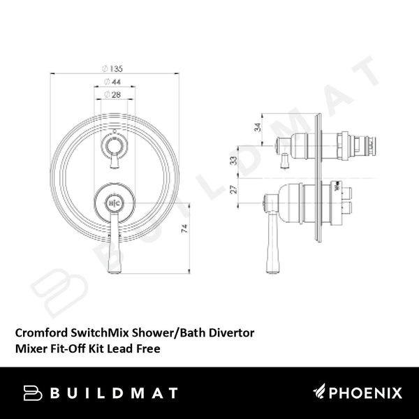 Phoenix Cromford SwitchMix Shower/Bath Divertor Mixer Fit-Off Kit Lead Free Brushed Nickel