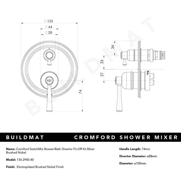 Phoenix Cromford SwitchMix Shower/Bath Divertor Mixer Fit-Off Kit Brushed Nickel