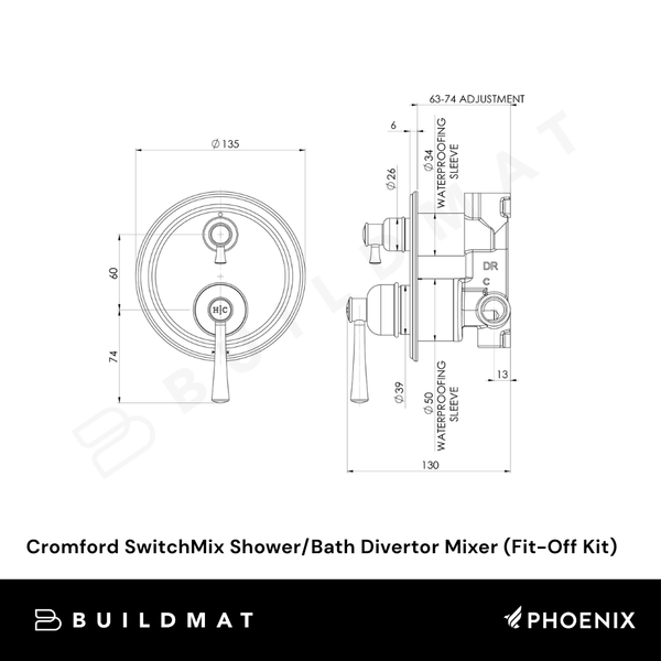 Phoenix Cromford SwitchMix Shower/Bath Divertor Mixer (Fit-Off Kit) Brushed Gold Lead Free