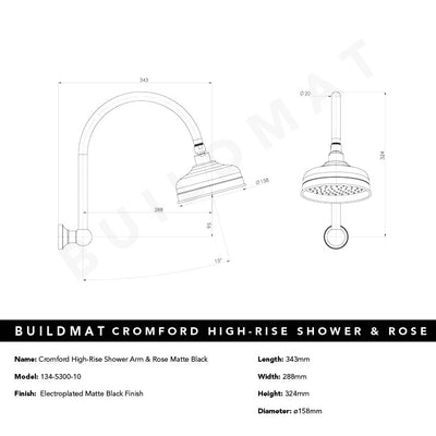 Cromford High-Rise Shower Arm and Rose Matte Black