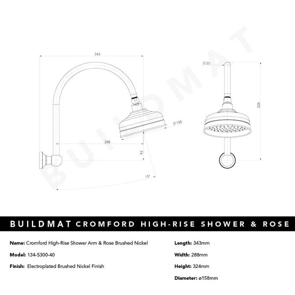 Phoenix Cromford High-Rise Shower Arm and Rose Brushed Nickel