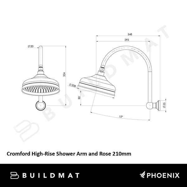 Phoenix Cromford High-Rise Shower Arm and Rose 210mm Chrome