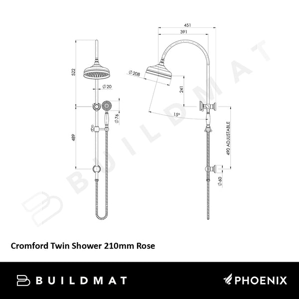 Phoenix Cromford Twin Shower 210mm Rose Chrome