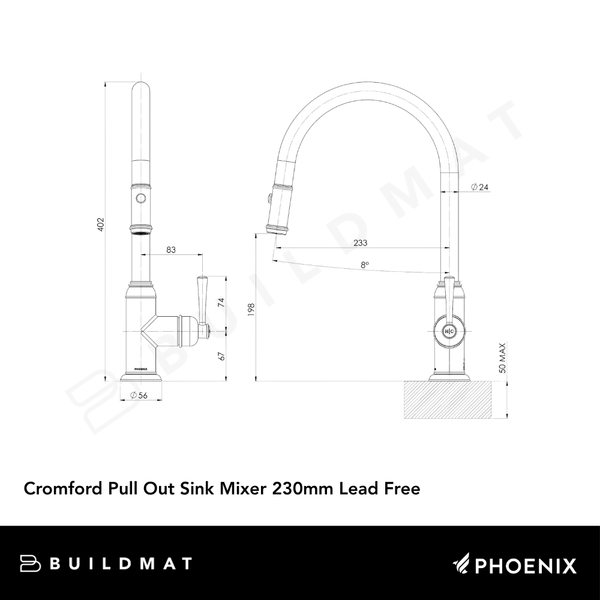 Phoenix Cromford Pull Out Sink Mixer 230mm Brushed Nickel Lead Free