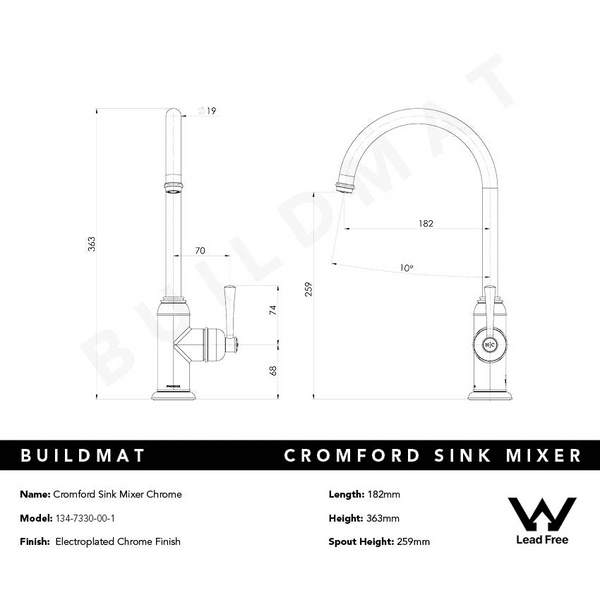 Phoenix Cromford Sink Mixer Lead Free Chrome