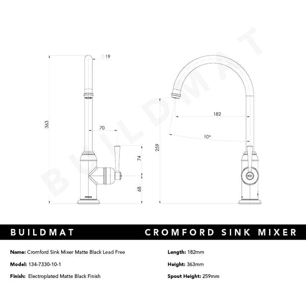 Phoenix Cromford Sink Mixer Matte Black Lead Free