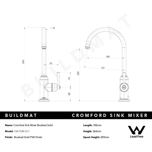 Phoenix Cromford Sink Mixer Lead Free Brushed Gold