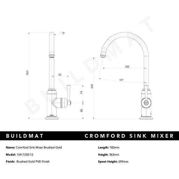 Phoenix Cromford Sink Mixer Brushed Gold