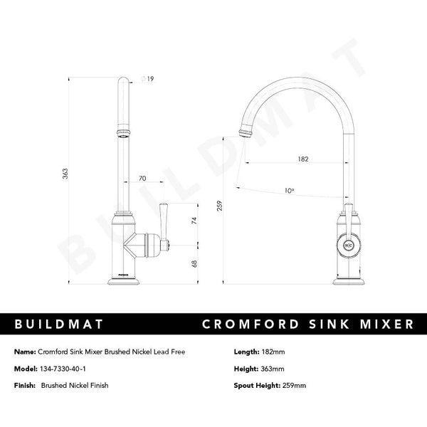 Phoenix Cromford Sink Mixer Brushed Nickel Lead Free