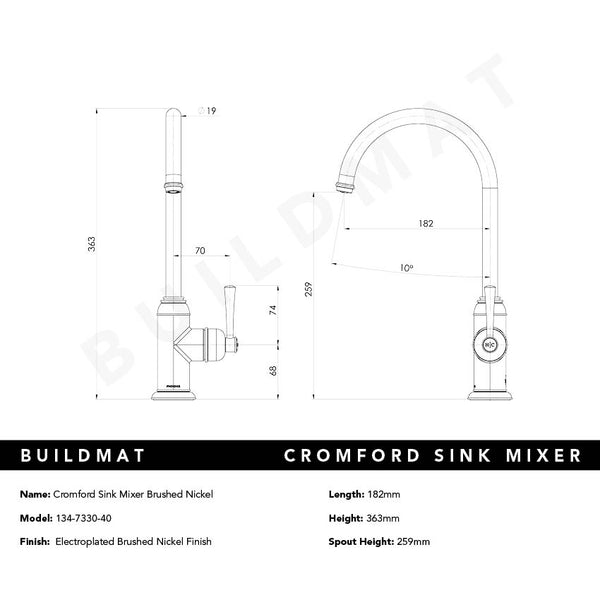Phoenix Cromford Sink Mixer Brushed Nickel