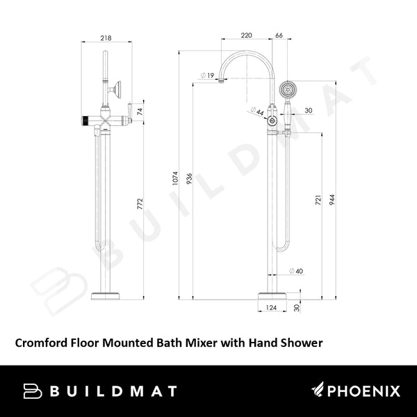 Phoenix Cromford Floor Mounted Bath Mixer with Hand Shower Brushed Nickel