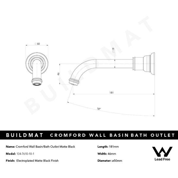 Phoenix Cromford Wall Basin / Bath Outlet Lead Free Matte Black