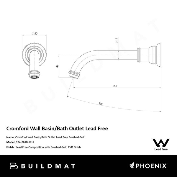 Phoenix Cromford Wall Basin / Bath Outlet Lead Free Brushed Gold