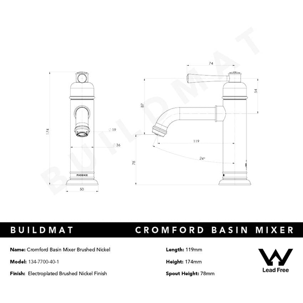 Phoenix Cromford Basin Mixer Lead Free Brushed Nickel