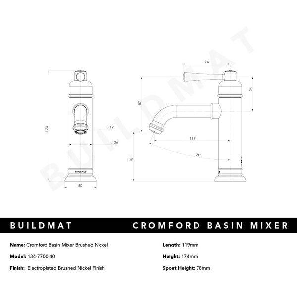 Phoenix Cromford Basin Mixer Brushed Nickel