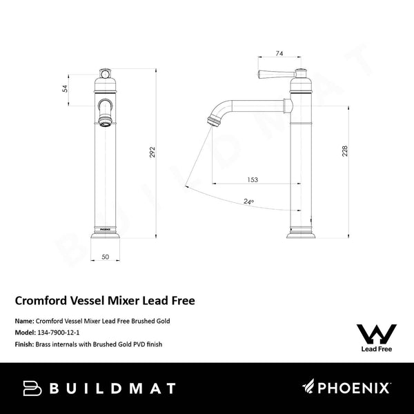 Phoenix Cromford Vessel Mixer Brushed Gold Lead Free