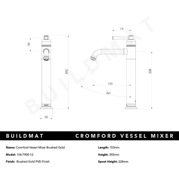Phoenix Cromford Vessel Mixer Brushed Gold