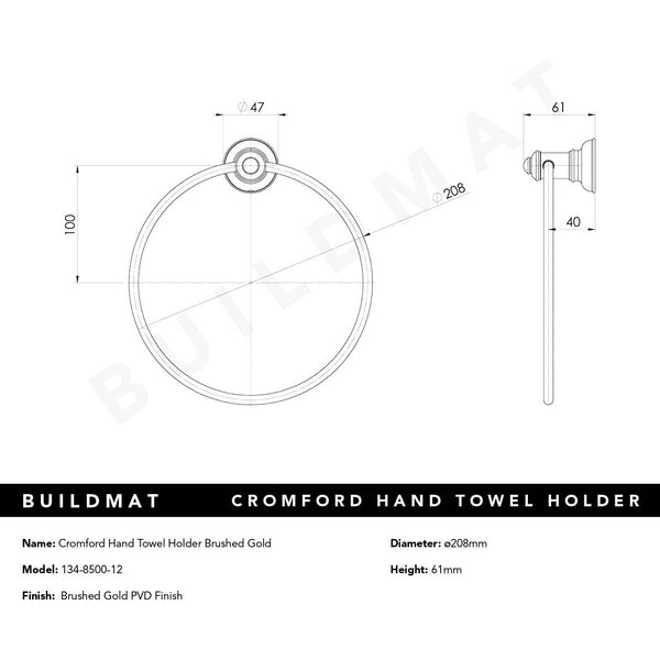 Phoenix Cromford Hand Towel Holder Brushed Gold